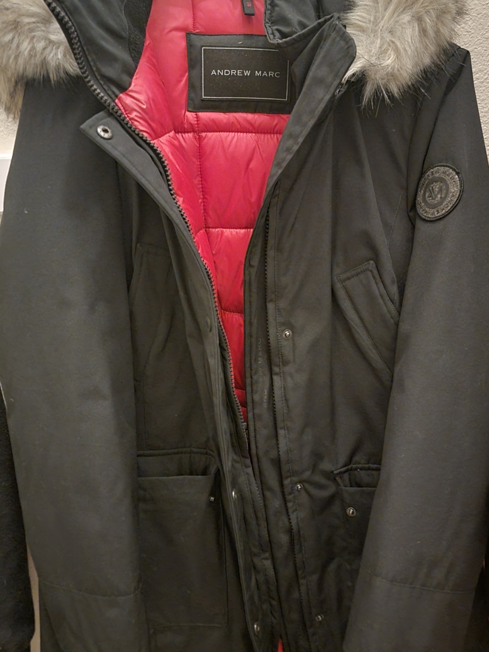 Andrew Marc women's Black Winter Parka with Red Quilted Lining